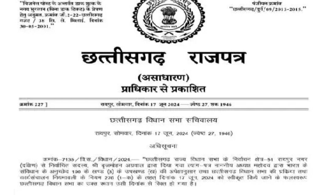 छत्तीसगढ़: रायपुर दक्षिण विधानसभा में उपचुनाव की तैयारी, अधिसूचना जारी…